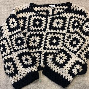 Le Lis Black and Cream Crochet Granny-Square Sweater